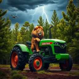 A wild lion expertly driving a bright green tractor through a lush forest