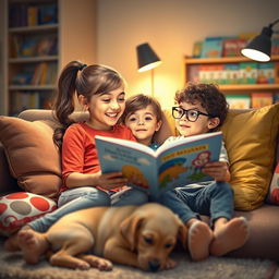A heartwarming scene of two siblings sitting together on a cozy couch, deeply engrossed in reading a picture book