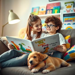 A heartwarming scene of two siblings sitting together on a cozy couch, deeply engrossed in reading a picture book
