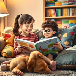 A heartwarming scene of two siblings sitting together on a cozy couch, deeply engrossed in reading a picture book