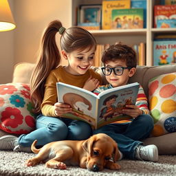 A heartwarming scene of two siblings sitting together on a cozy couch, deeply engrossed in reading a picture book