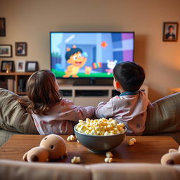 Two siblings, a girl and a boy, sitting comfortably on a cozy couch in a living room, watching TV together