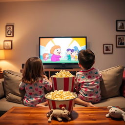 Two siblings, a girl and a boy, sitting comfortably on a cozy couch in a living room, watching TV together
