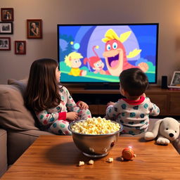 Two siblings, a girl and a boy, sitting comfortably on a cozy couch in a living room, watching TV together
