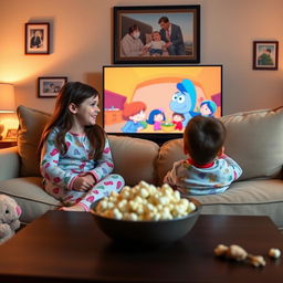 Two siblings, a girl and a boy, sitting comfortably on a cozy couch in a living room, watching TV together
