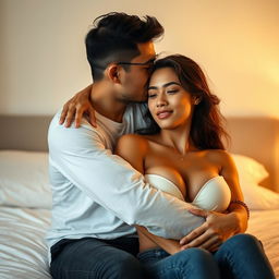 A 35-year-old Indonesian man with pure white skin is affectionately hugging a beautiful 28-year-old woman from behind while kissing her cheek