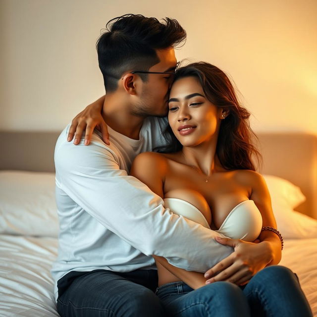 A 35-year-old Indonesian man with pure white skin is affectionately hugging a beautiful 28-year-old woman from behind while kissing her cheek