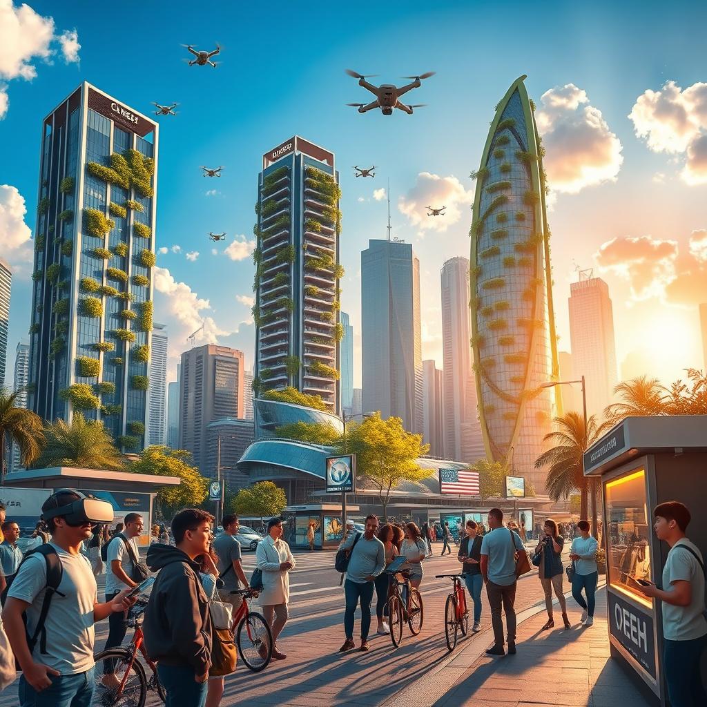 A vibrant urban landscape showcasing the interaction of science, technology, and society