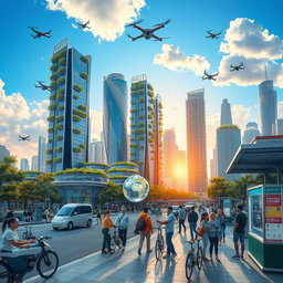 A vibrant urban landscape showcasing the interaction of science, technology, and society