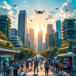 A vibrant urban landscape showcasing the interaction of science, technology, and society