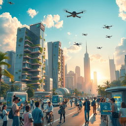 A vibrant urban landscape showcasing the interaction of science, technology, and society