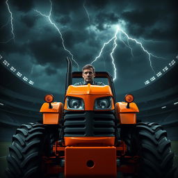 A man with supernatural powers, portrayed as a charismatic figure with a confident expression, driving a bright orange tractor