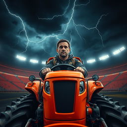 A man with supernatural powers, portrayed as a charismatic figure with a confident expression, driving a bright orange tractor