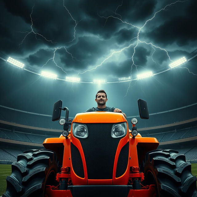 A man with supernatural powers, portrayed as a charismatic figure with a confident expression, driving a bright orange tractor