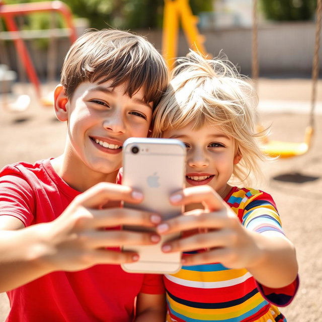 A cheerful scene of two young siblings smiling as they take a selfie together