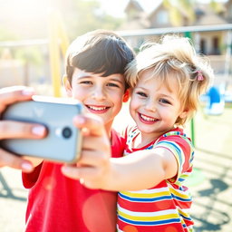 A cheerful scene of two young siblings smiling as they take a selfie together