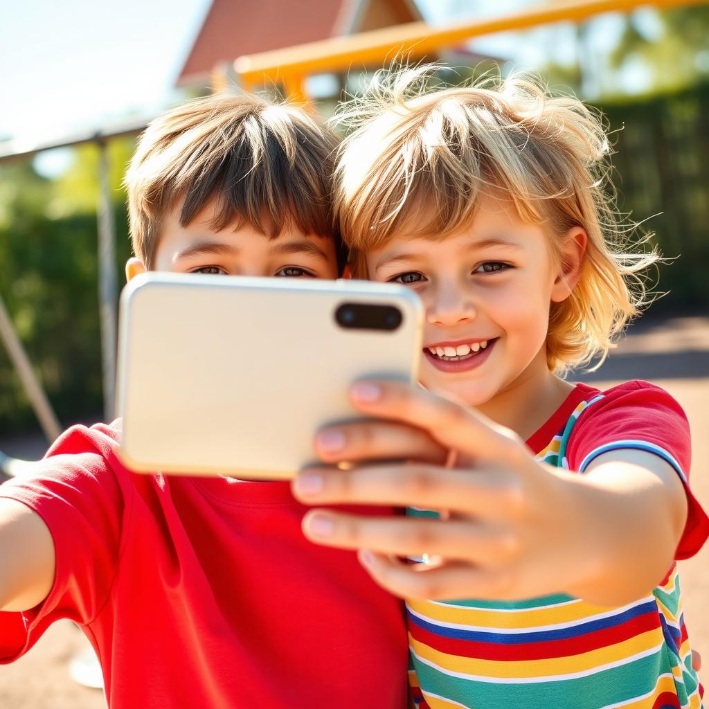 A cheerful scene of two young siblings smiling as they take a selfie together