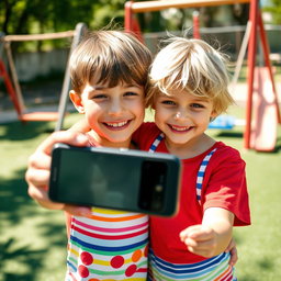 A cheerful scene of two young siblings smiling as they take a selfie together