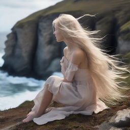 Revise the previous scene with the same model, but now she has flowing blonde hair that is being ruffled by the wind on the cliff's edge.