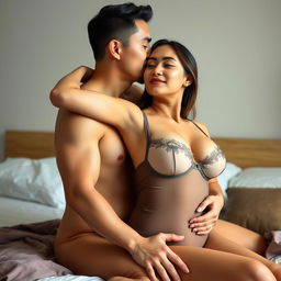 A 35-year-old Indonesian man with pure white skin is affectionately hugging a beautiful 28-year-old woman from behind while kissing her cheek