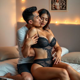 A 35-year-old Indonesian man with pure white skin is affectionately hugging a beautiful 28-year-old woman from behind while kissing her cheek