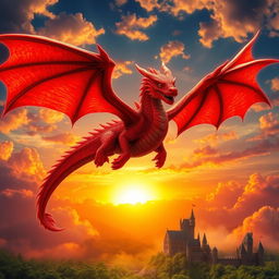 A majestic red dragon soaring through a vibrant sunset sky, its scales shimmering with shades of crimson and ruby