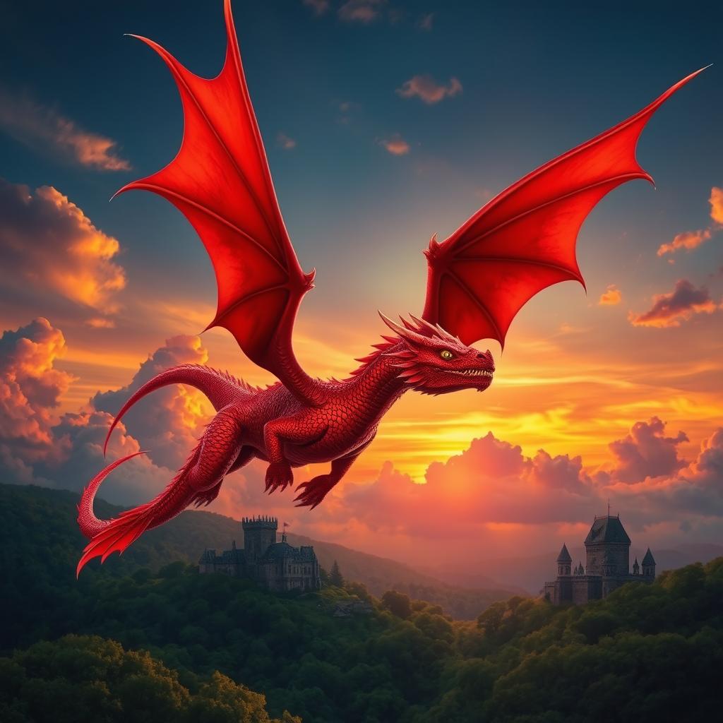 A majestic red dragon soaring through a vibrant sunset sky, its scales shimmering with shades of crimson and ruby