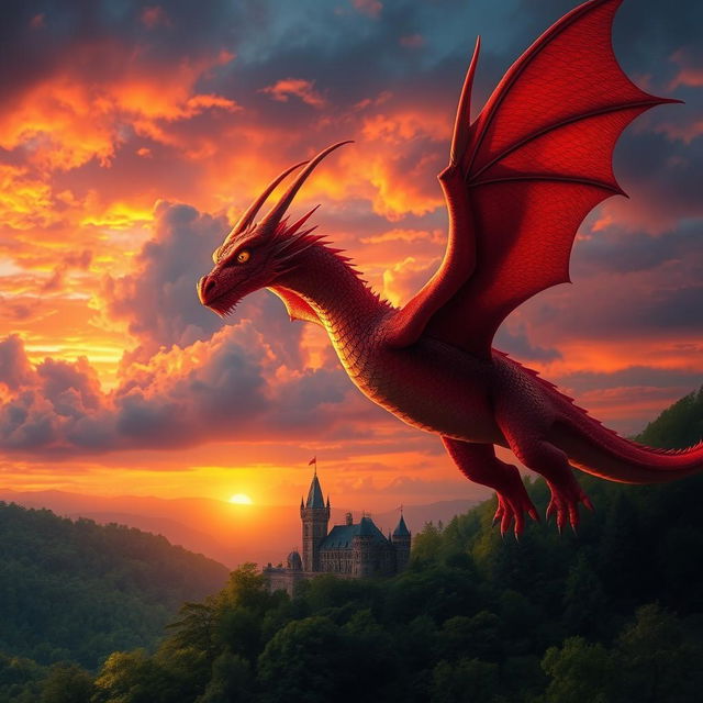 A majestic red dragon soaring through a vibrant sunset sky, its scales shimmering with shades of crimson and ruby
