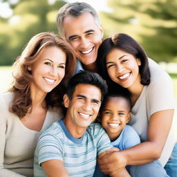 A heartwarming image of a man smiling brightly, surrounded by his happy family, creating a picture of joy and warmth against a serene background.