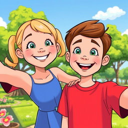 A vibrant cartoon of two siblings happily taking a selfie together
