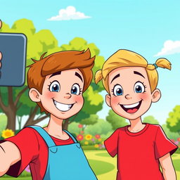 A vibrant cartoon of two siblings happily taking a selfie together
