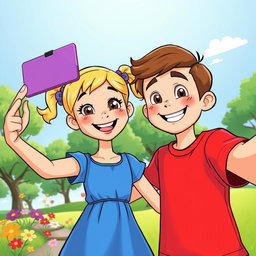 A vibrant cartoon of two siblings happily taking a selfie together