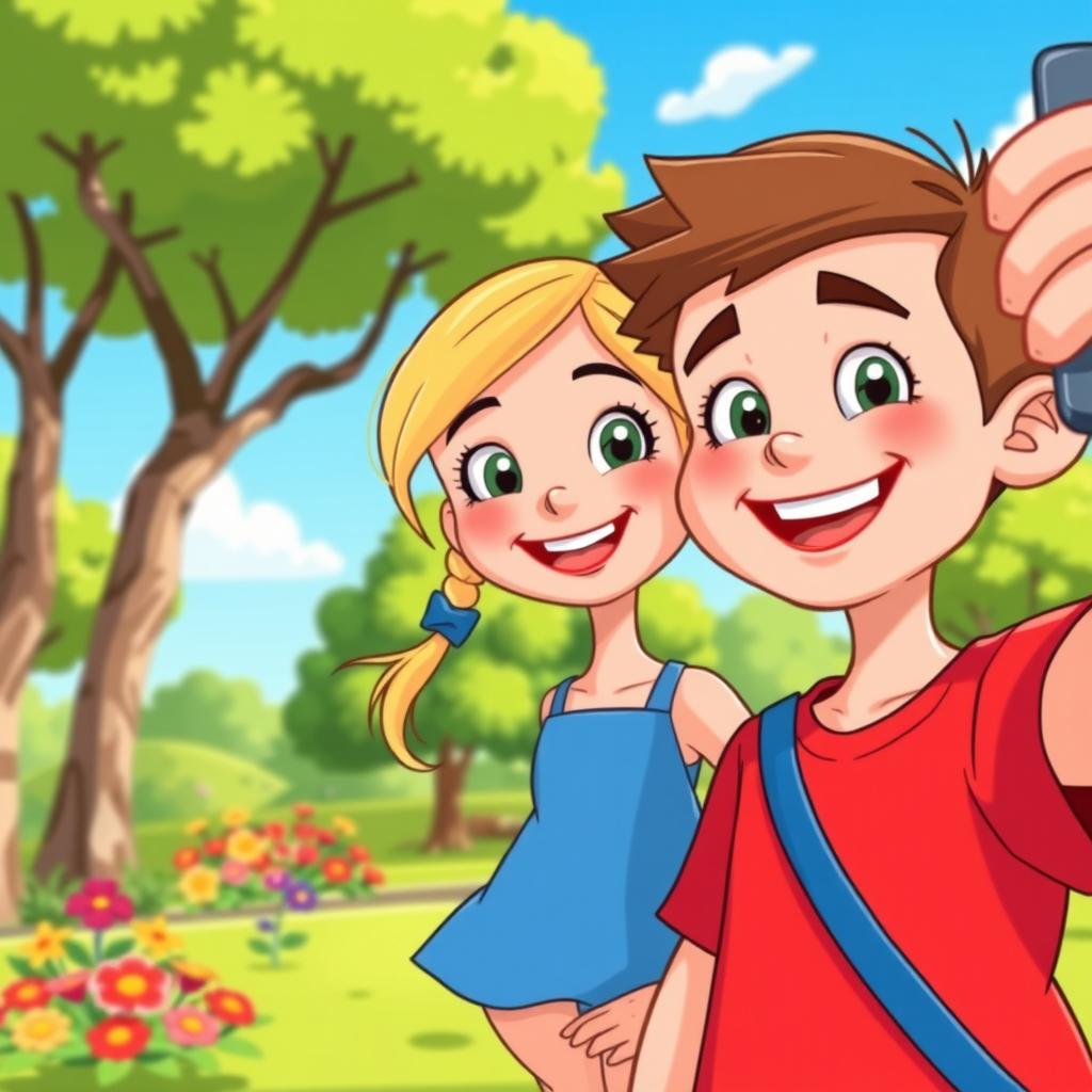 A vibrant cartoon of two siblings happily taking a selfie together