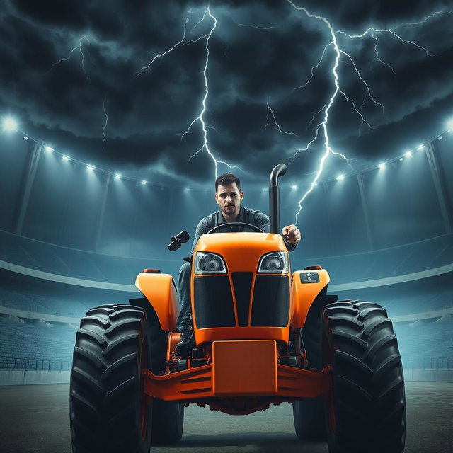 A man with supernatural powers, depicted as a strong and imposing figure, confidently driving a vibrant orange tractor