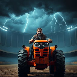 A man with supernatural powers, depicted as a strong and imposing figure, confidently driving a vibrant orange tractor