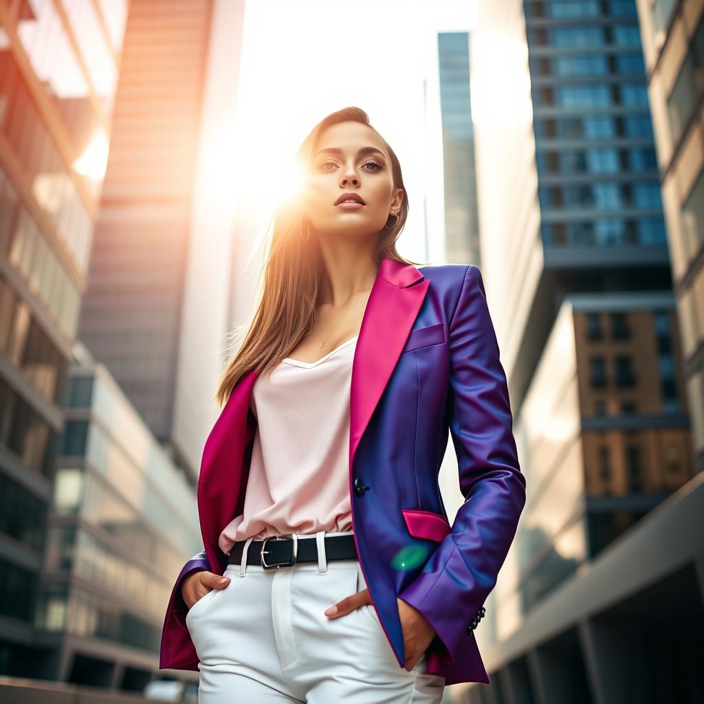 A stunning photograph of a fashionable model wearing a stylish blazer, exuding confidence and elegance