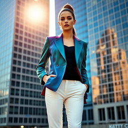 A stunning photograph of a fashionable model wearing a stylish blazer, exuding confidence and elegance