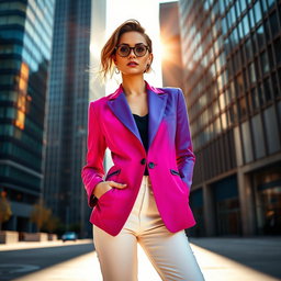 A stunning photograph of a fashionable model wearing a stylish blazer, exuding confidence and elegance