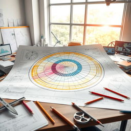 An intricate engineering design workspace featuring a large, multi-layered blueprint displaying all four conic sections: circle, ellipse, parabola, and hyperbola