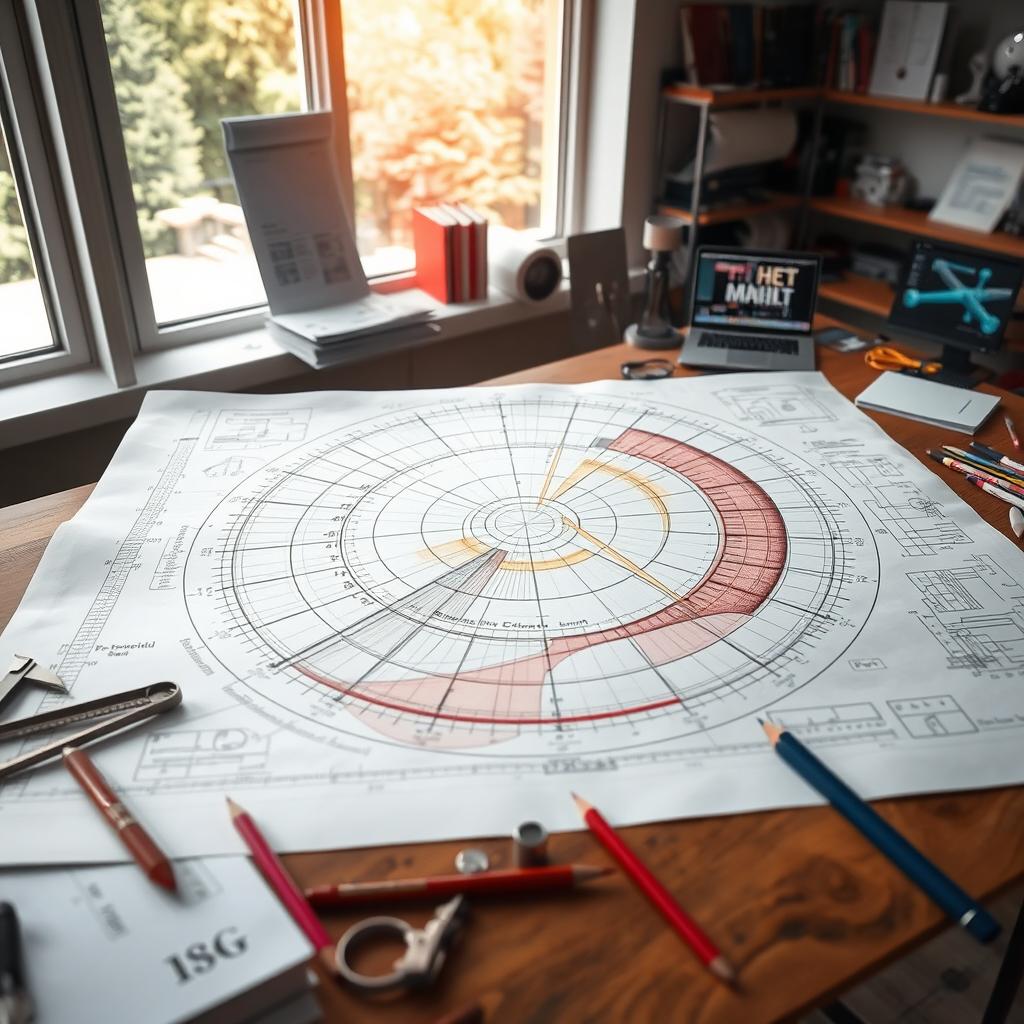 An intricate engineering design workspace featuring a large, multi-layered blueprint displaying all four conic sections: circle, ellipse, parabola, and hyperbola