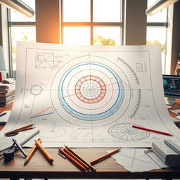 An intricate engineering design workspace featuring a large, multi-layered blueprint displaying all four conic sections: circle, ellipse, parabola, and hyperbola