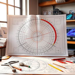 An intricate engineering design workspace featuring a large, multi-layered blueprint displaying all four conic sections: circle, ellipse, parabola, and hyperbola