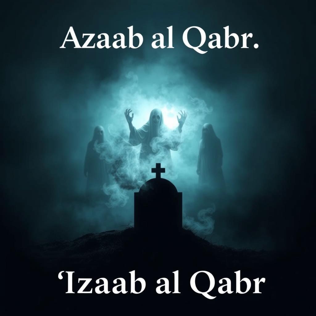 A haunting depiction of the concept of 'Azaab al-Qabr' (Punishment of the Grave) portrayed through a dark, atmospheric scene
