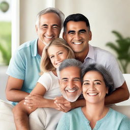 A heartwarming image of a man smiling brightly, surrounded by his happy family, creating a picture of joy and warmth against a serene background.