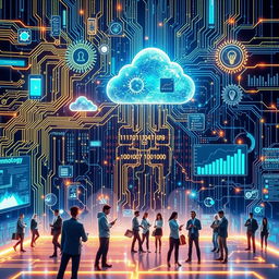 An intricate and visually captivating representation of Information Technology, showcasing various elements such as computer circuits, cloud computing, data analysis graphs, and modern devices like smartphones and laptops