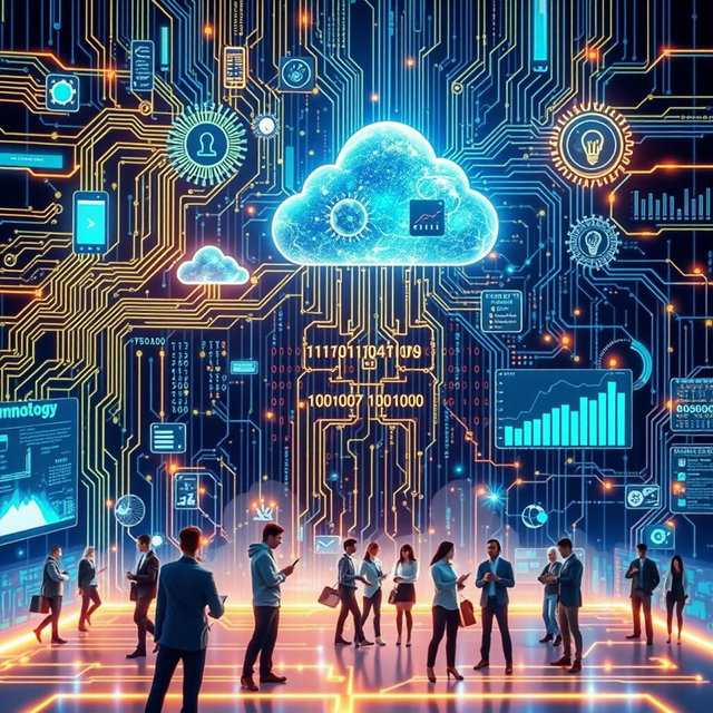 An intricate and visually captivating representation of Information Technology, showcasing various elements such as computer circuits, cloud computing, data analysis graphs, and modern devices like smartphones and laptops