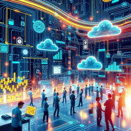 An intricate and visually captivating representation of Information Technology, showcasing various elements such as computer circuits, cloud computing, data analysis graphs, and modern devices like smartphones and laptops