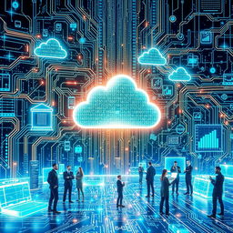 An intricate and visually captivating representation of Information Technology, showcasing various elements such as computer circuits, cloud computing, data analysis graphs, and modern devices like smartphones and laptops