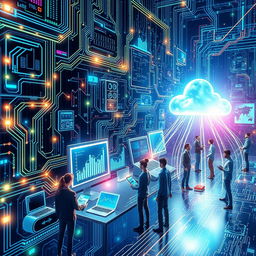 An intricate and visually captivating representation of Information Technology, showcasing various elements such as computer circuits, cloud computing, data analysis graphs, and modern devices like smartphones and laptops