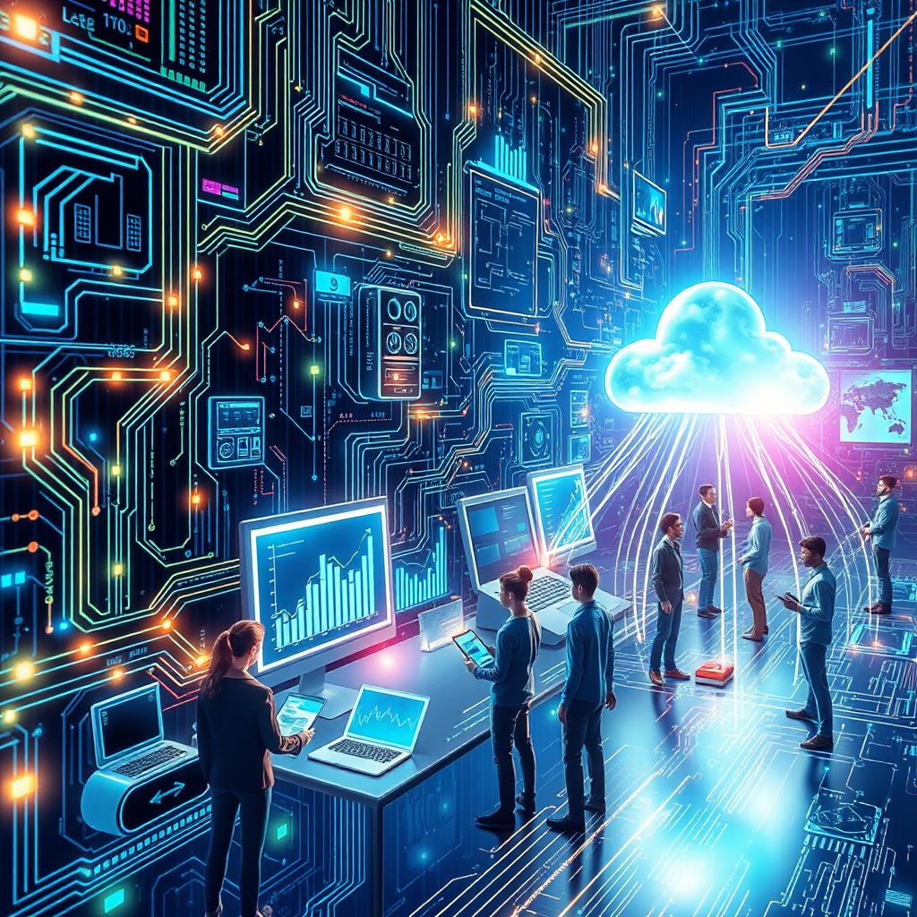 An intricate and visually captivating representation of Information Technology, showcasing various elements such as computer circuits, cloud computing, data analysis graphs, and modern devices like smartphones and laptops